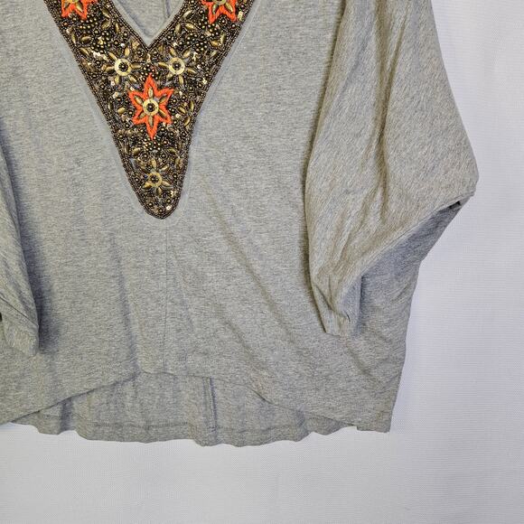 🦃 Ludi Womens Grey Stretchy Dolman Sleeve Top Blouse Beaded V Neck Large - Picture 5 of 8